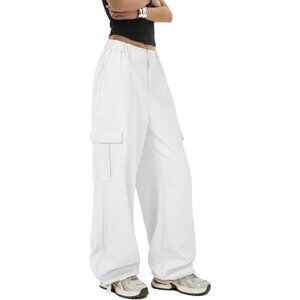 Women's Stretchy Baggy Parachute Pants - High Waist White Joggers with Pockets